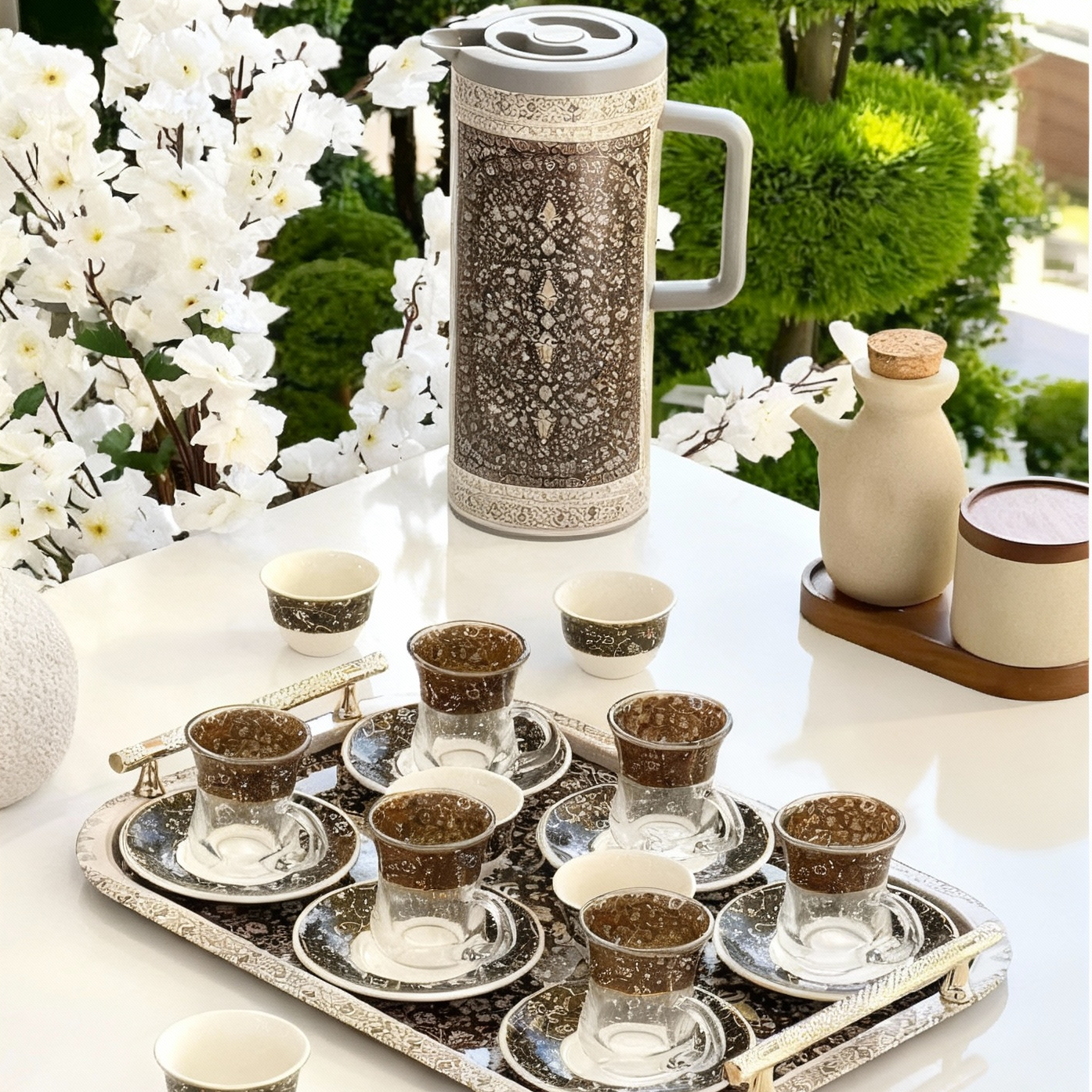 Service de Réception Royal – Ensemble Complet Thermos, Tasses et Plateau (22 Pièces)