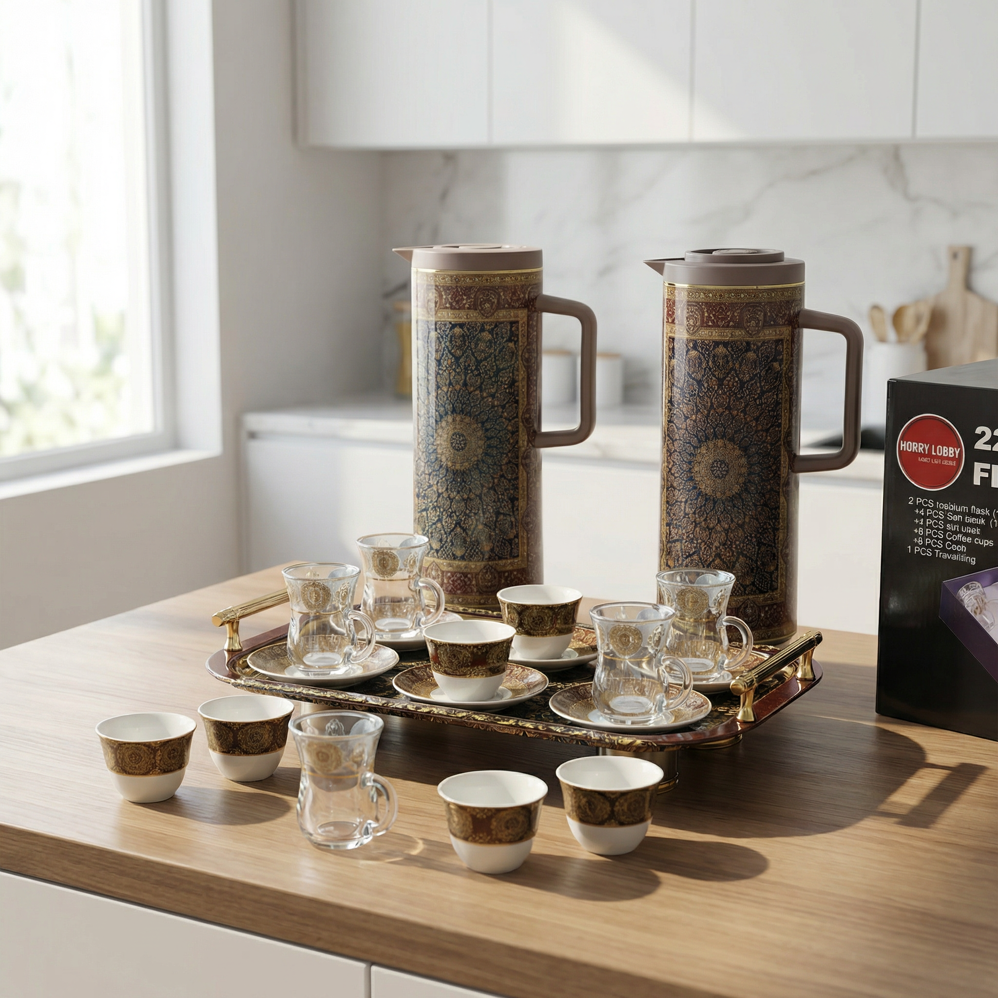 Service de Réception Royal – Ensemble Complet Thermos, Tasses et Plateau (22 Pièces)