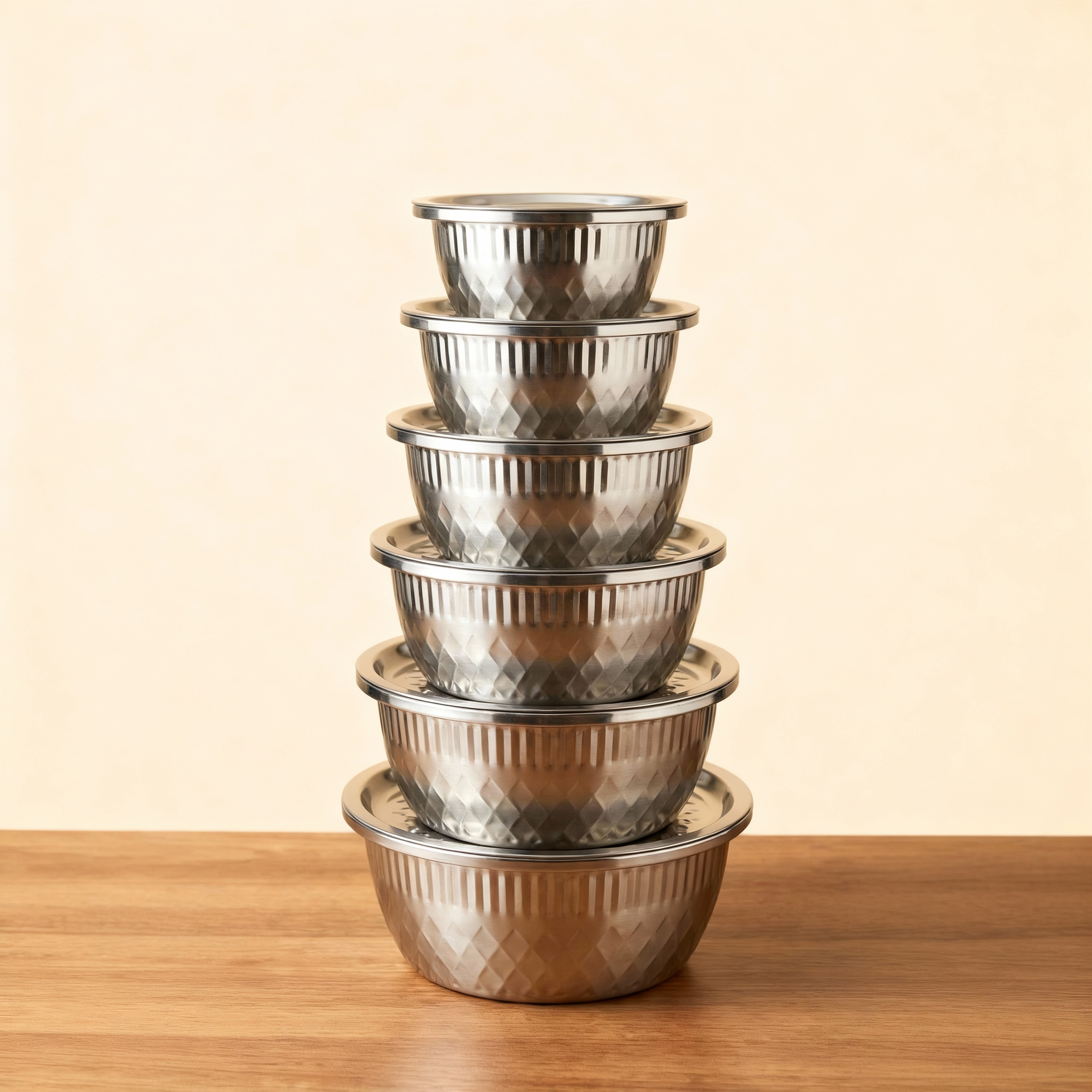 Set de 12 Pièces : Bols de Préparation et Conservation en Acier Inoxydable – Design Diamant