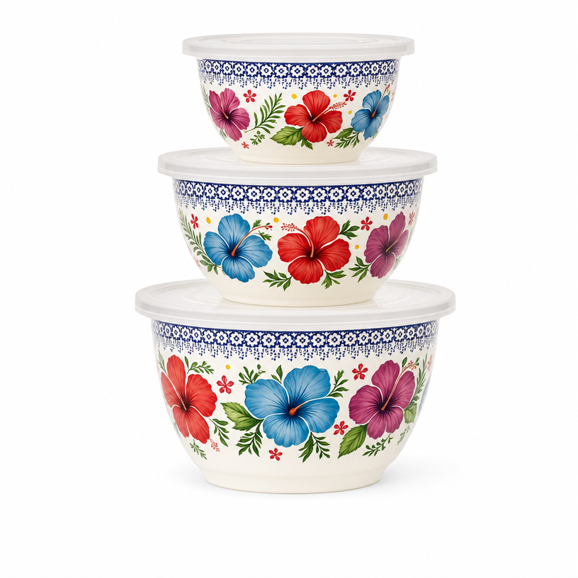 Set de 3 bols vintage en métal émaillé avec couvercles