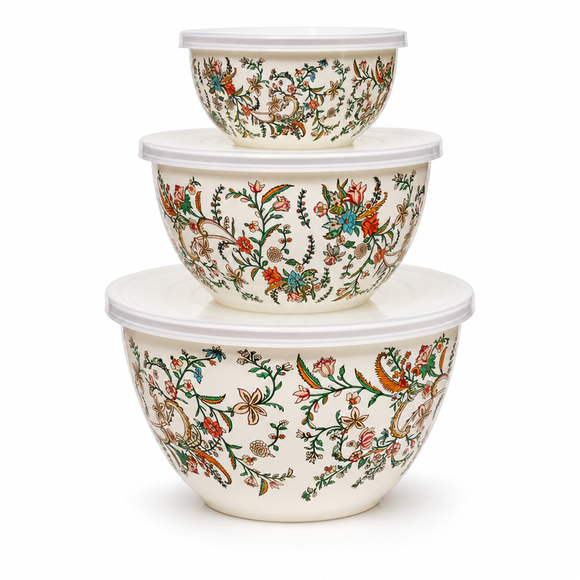 Set de 3 bols vintage en métal émaillé avec couvercles