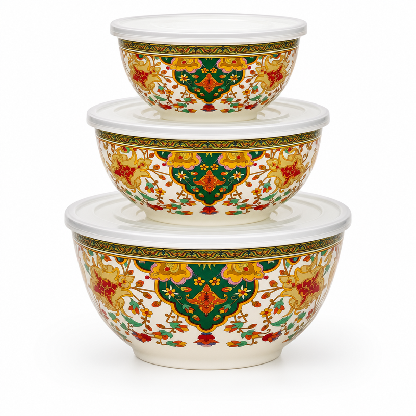 Set de 3 bols vintage en métal émaillé avec couvercles