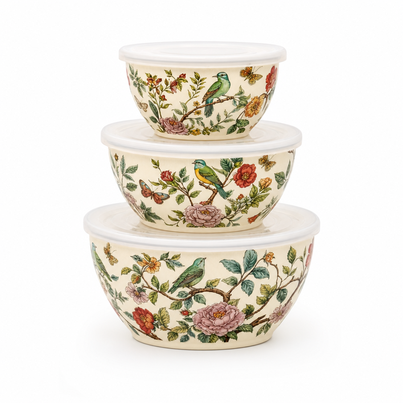 Set de 3 bols vintage en métal émaillé avec couvercles