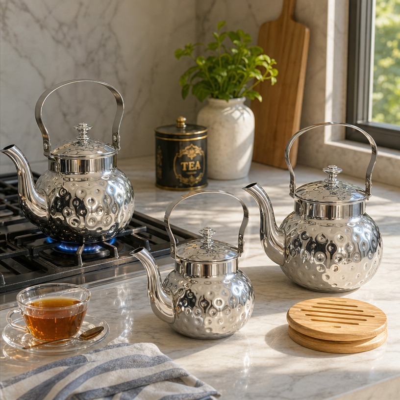 Trio de Théières Haut de Gamme – Éclat Miroir & Design Texturé