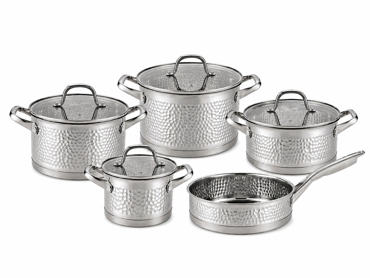 Batterie de cuisine inox 5 pièces – Effet martelé – Fond composite