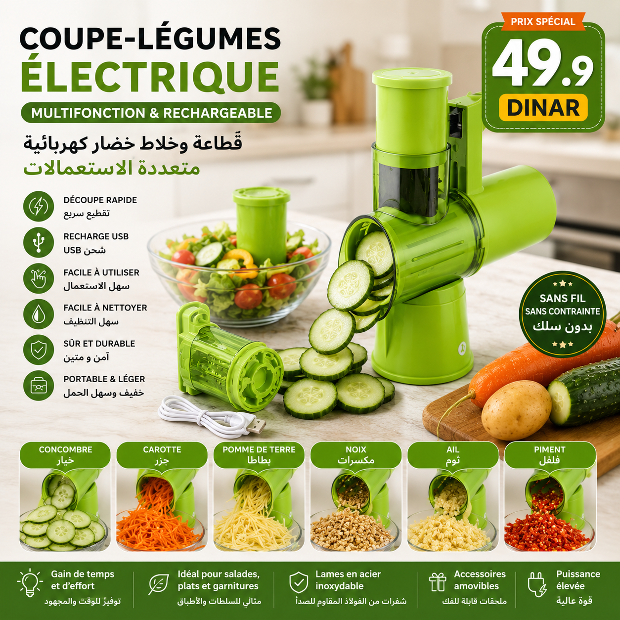 Coupe-légumes électrique multifonction. قطّاعة وخلاط خضار كهربائية متعددة الاستعمالات
