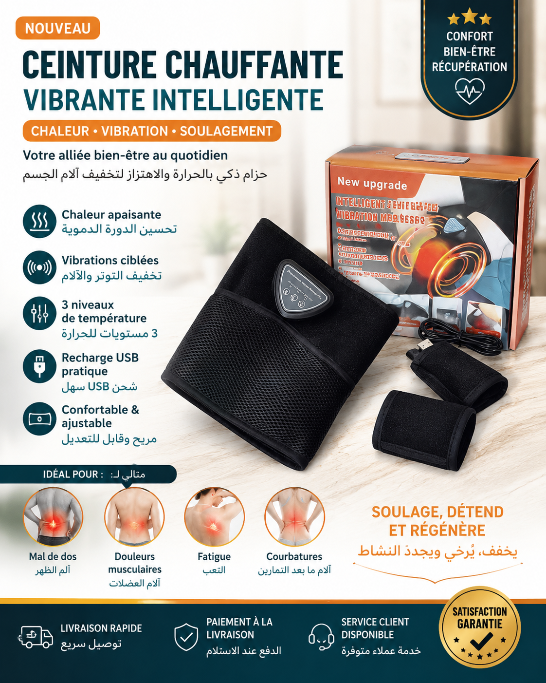 Ceinture Chauffante Vibrante Intelligente USB.     حزام تدليك وتسخين ذكي USB
