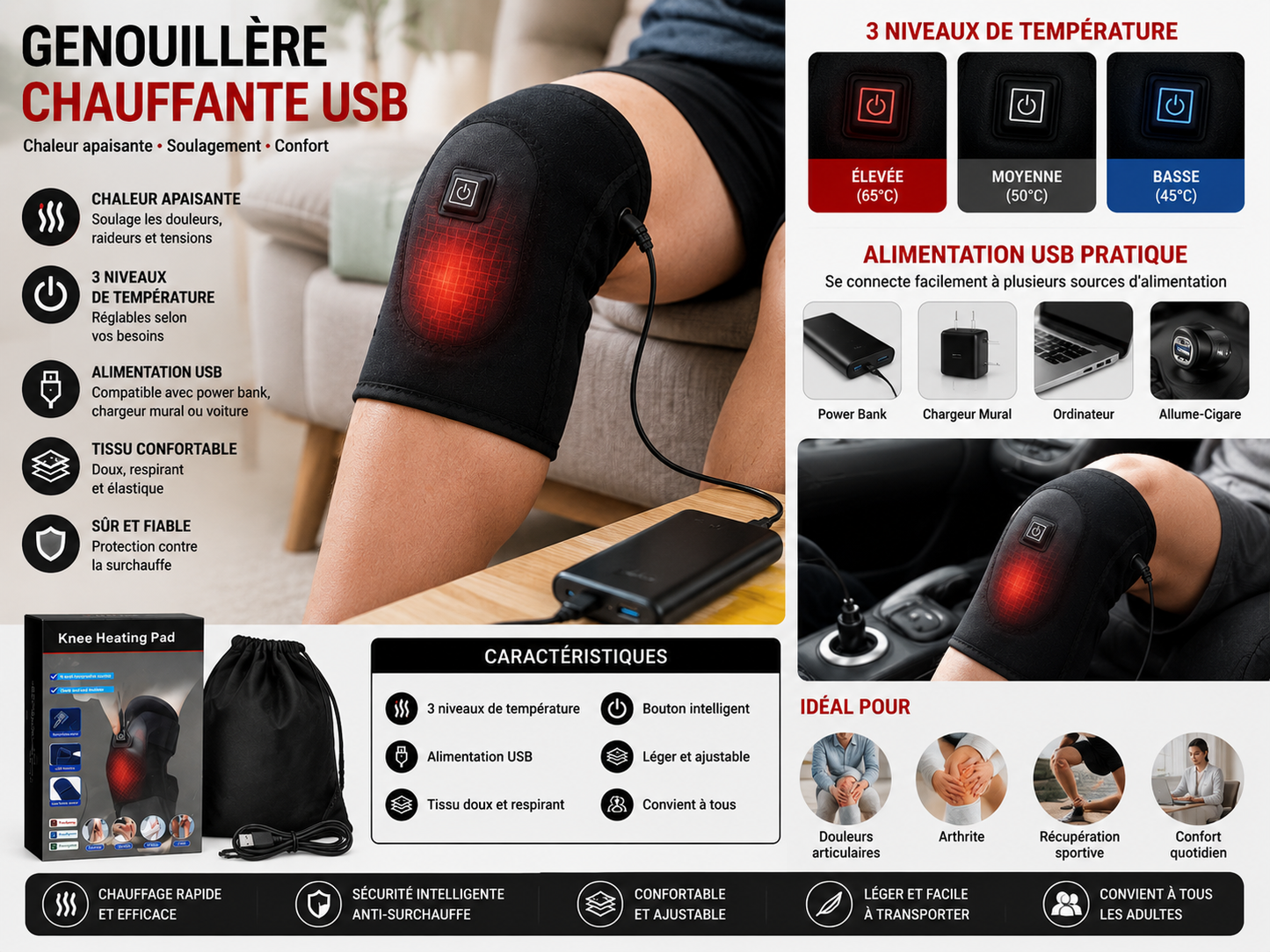 دعامة ركبة حرارية USB – راحة وتدفئة فورية.  Genouillère Chauffante USB – Soulagement & Confort