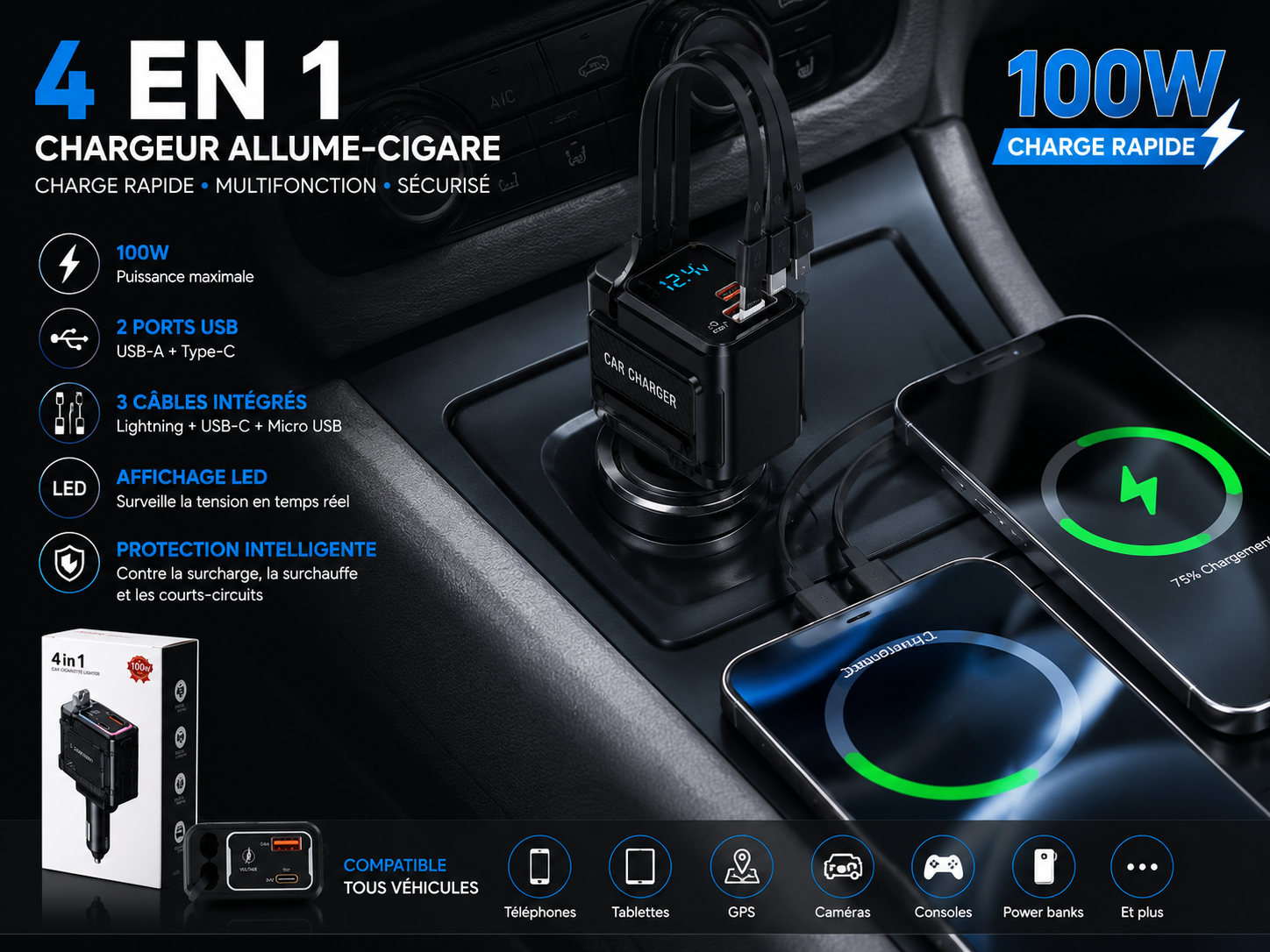 Chargeur Allume-Cigare 4 en 1 – Charge Rapide 100W. شاحن سيارة 4 في 1 – شحن سريع 100 واط