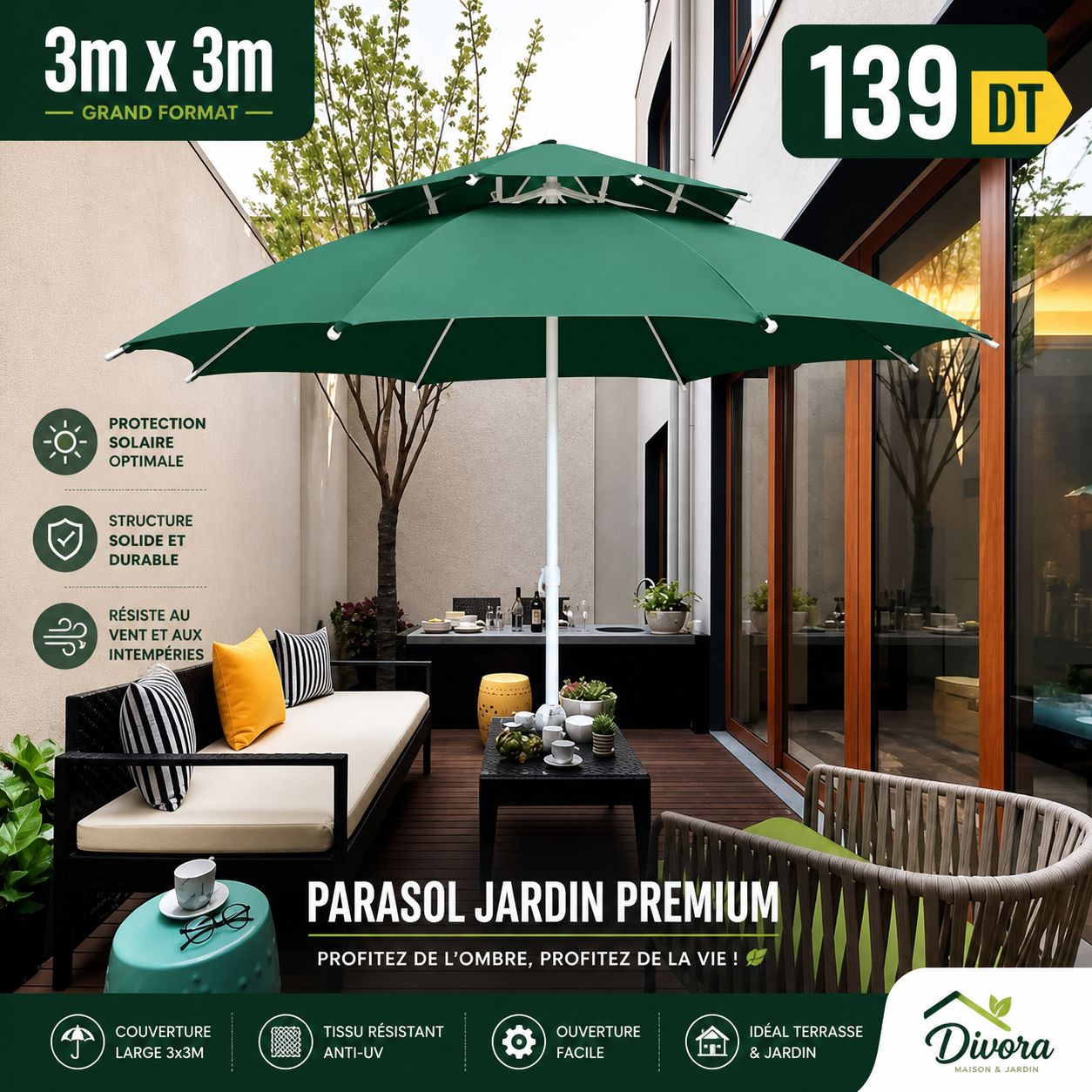 Parasol Jardin 3x3m – Haute Qualité Anti-UV