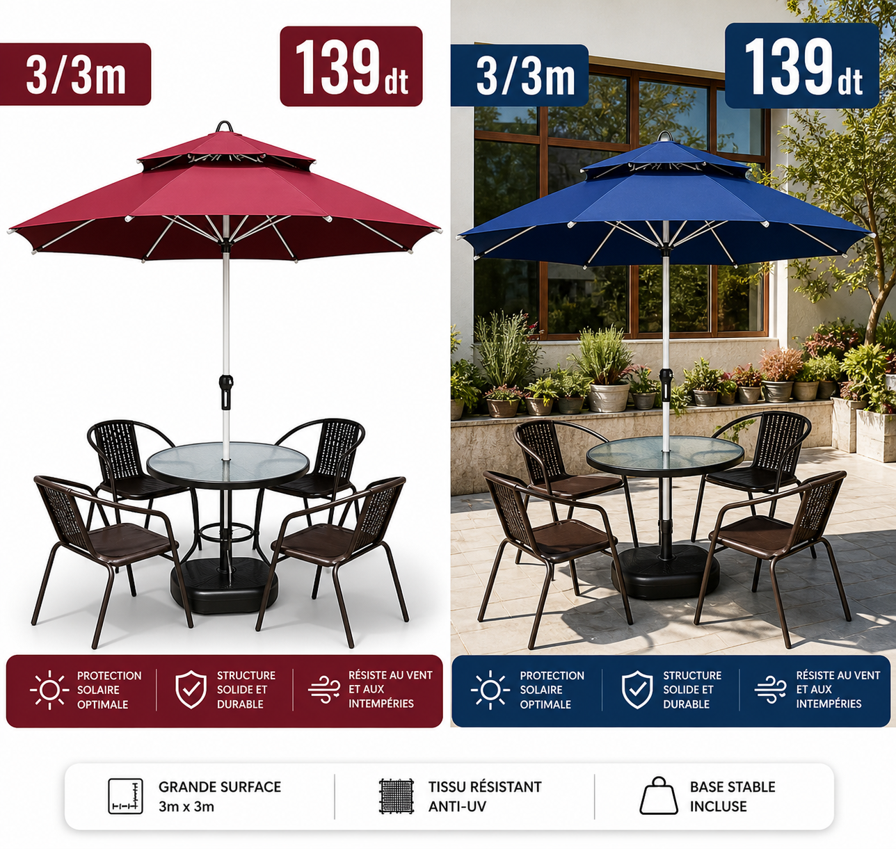 Parasol Jardin 3x3m – Haute Qualité Anti-UV