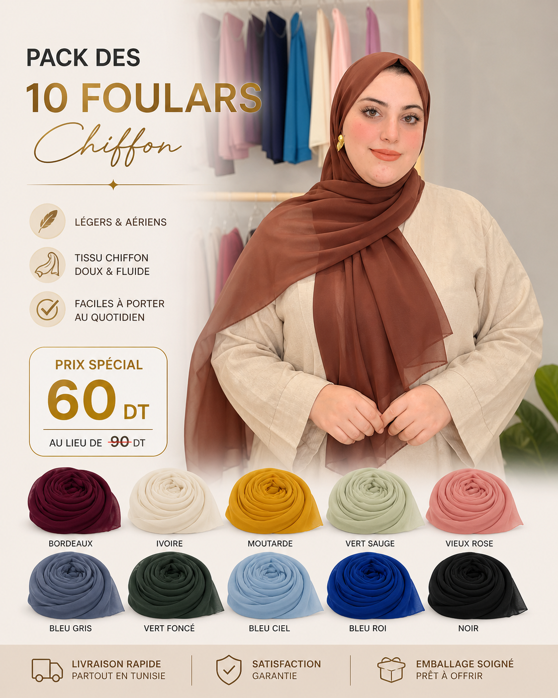 Pack 10 Foulards Chiffon – Élégance & Légèreté (175x75 cm)