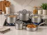 Batterie de cuisine inox 5 pièces – Effet martelé – Fond composite