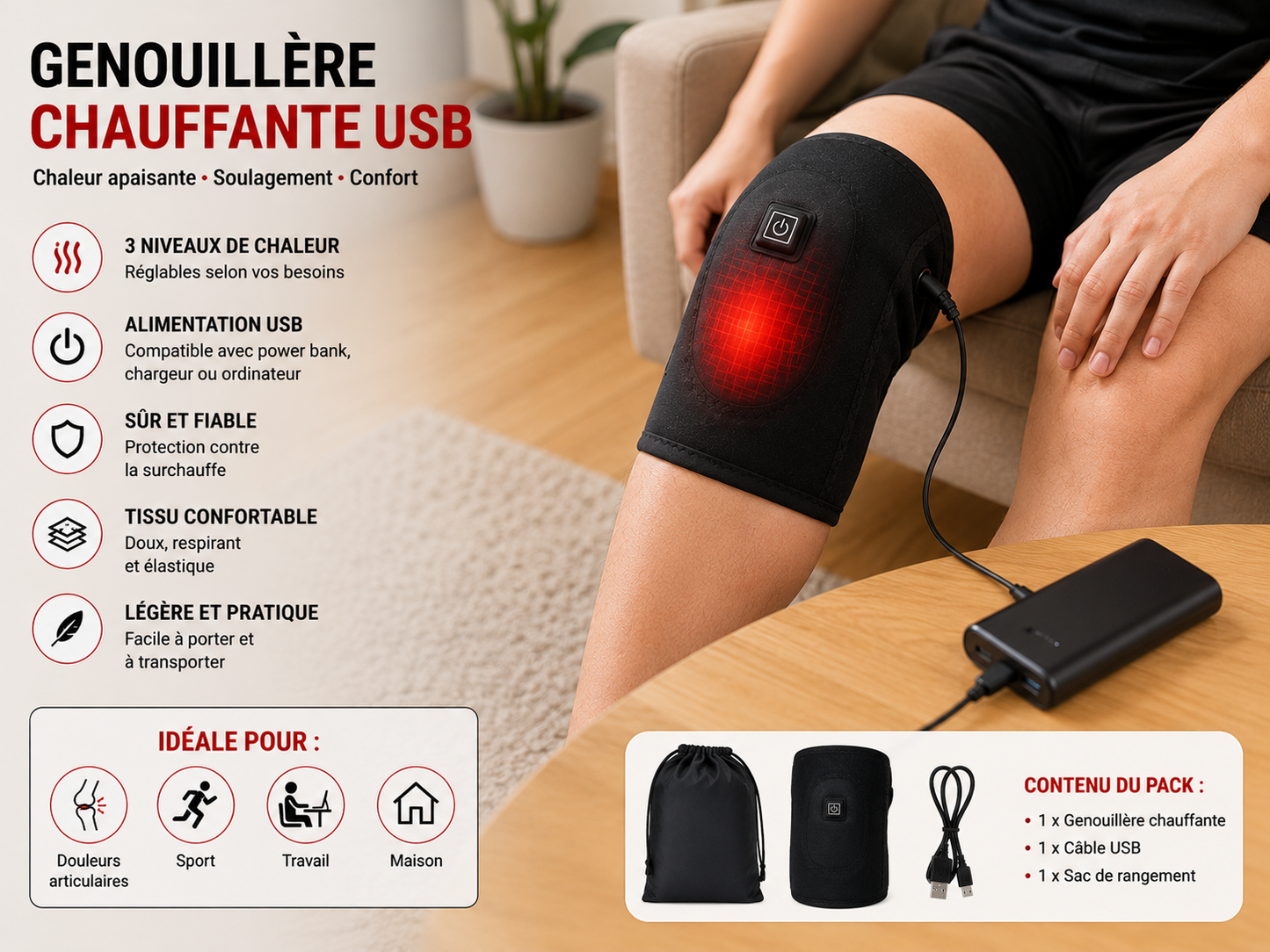 دعامة ركبة حرارية USB – راحة وتدفئة فورية.  Genouillère Chauffante USB – Soulagement & Confort