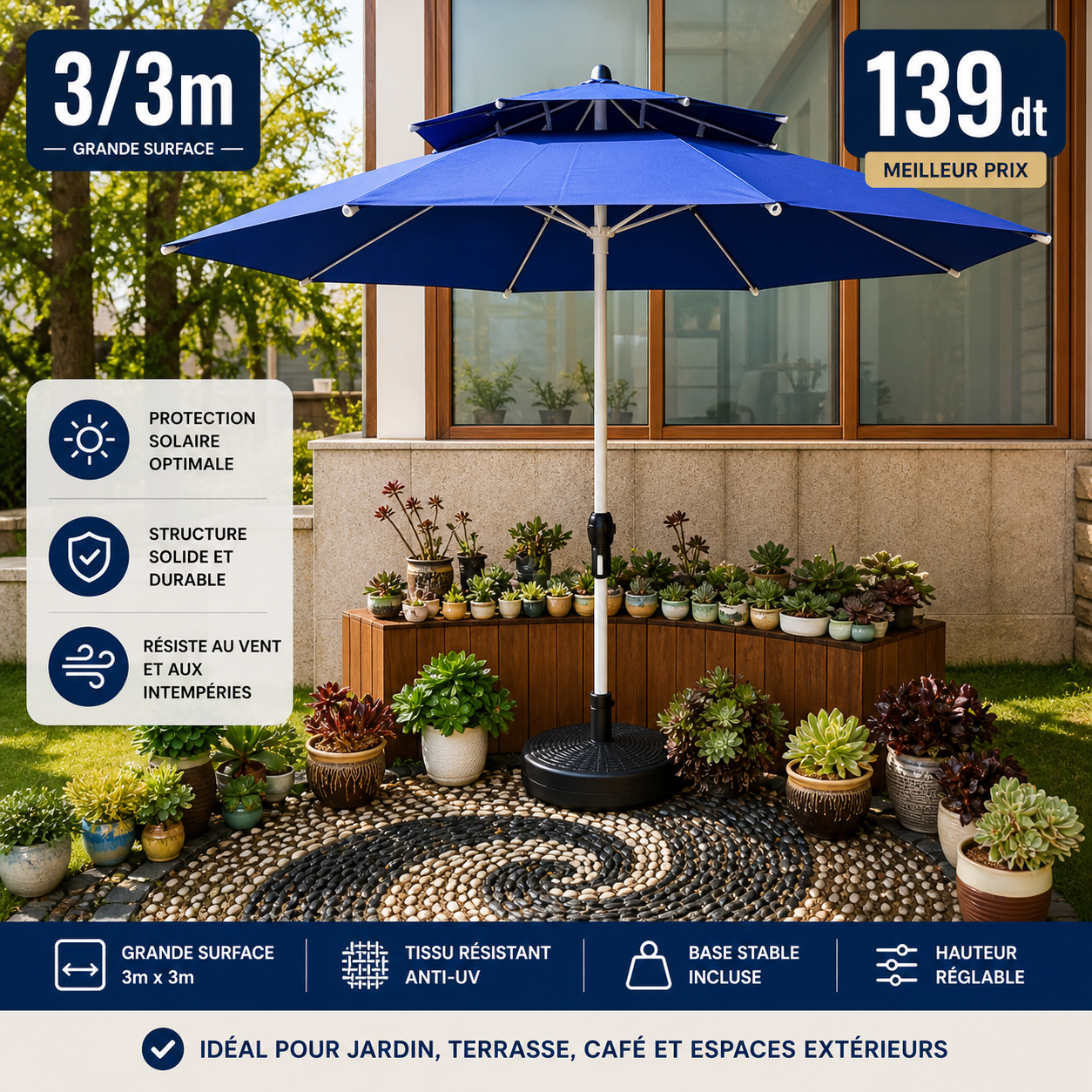 Parasol Jardin 3x3m – Haute Qualité Anti-UV